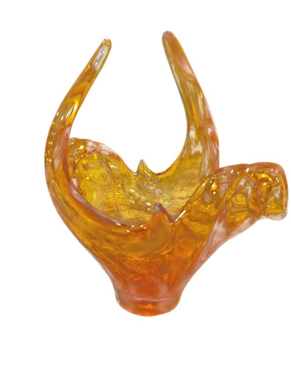 Vintage Stretched Amber Glass Small Lorraine type bowl with bubbles 6.5" tall